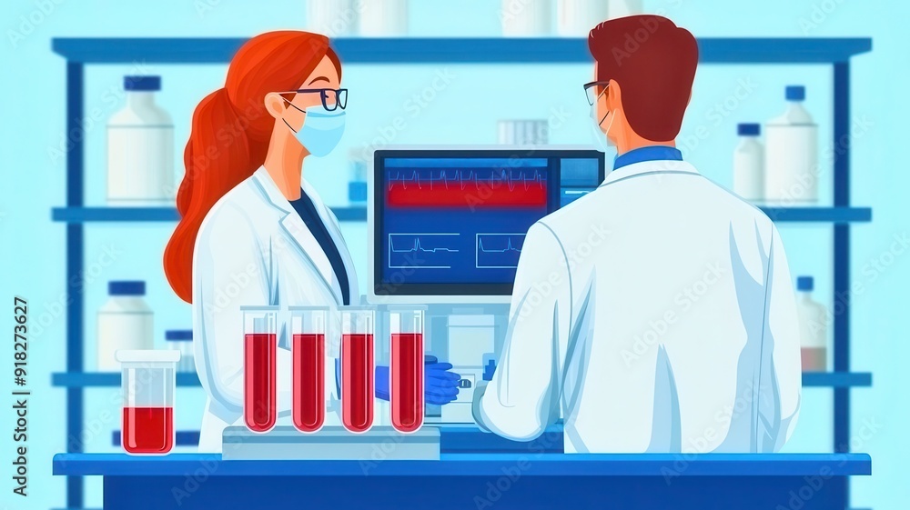 Healthcare professionals working in a laboratory, observing test results and analyzing blood samples with modern technology. Healthcare professionals working in a laboratory, observing test results and analyzing blood samples with modern technology.
