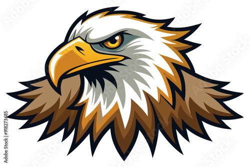 A fierce bald eagle's head with sharp, focused eyes