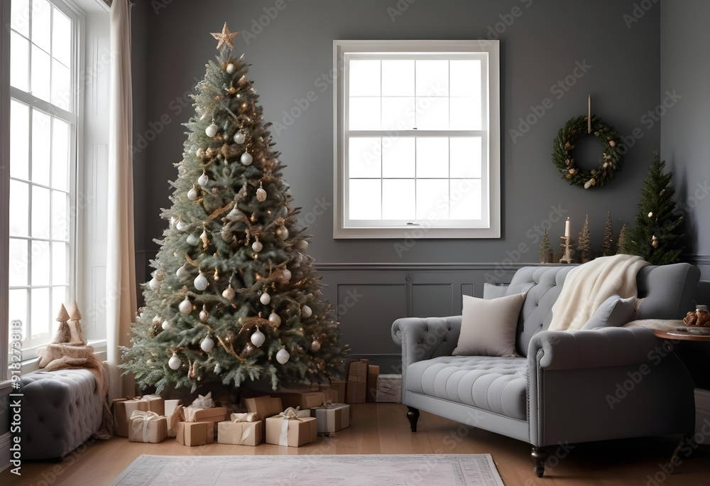 A decorated Christmas tree in a cozy living room with a gray tufted sofa and a framed blank wall. A decorated Christmas tree in a cozy living room with a gray tufted sofa and a framed blank wall.