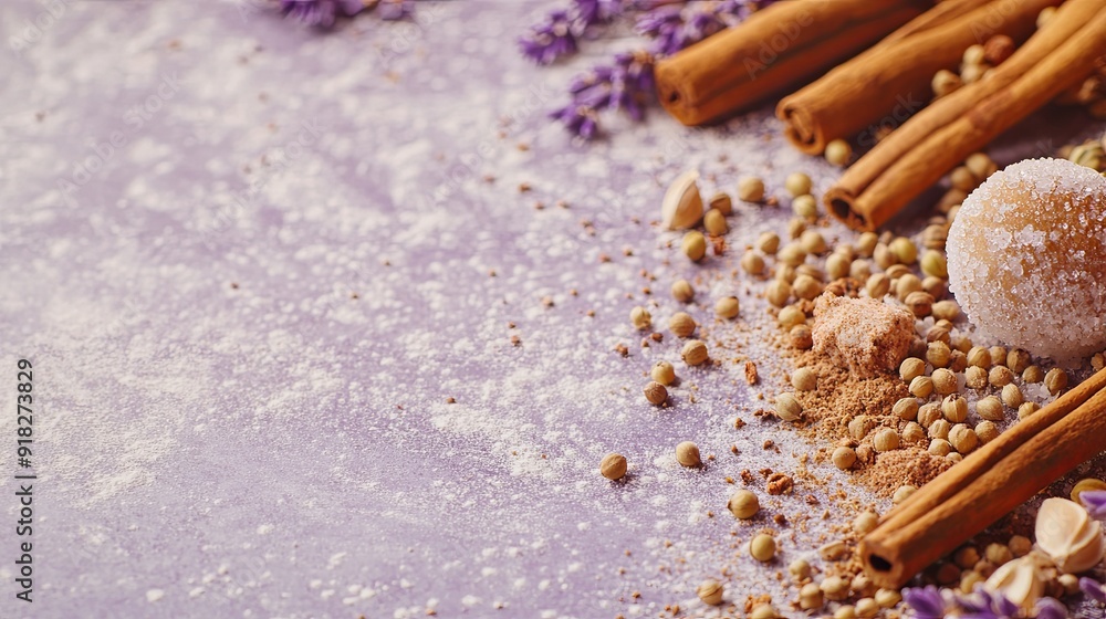 Close up of spices, cinnamon sticks, dried lavender flowers, and a ball of brown sugar on a purple background. Close up of spices, cinnamon sticks, dried lavender flowers, and a ball of brown sugar on a purple background.