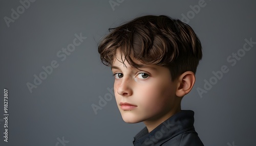 A close-up of a boy, with messy hair and a plaid shirt, looking forward expressionlessly. photo