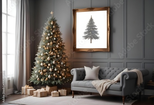 A decorated Christmas tree in a cozy living room with a gray tufted sofa and a framed blank wall.