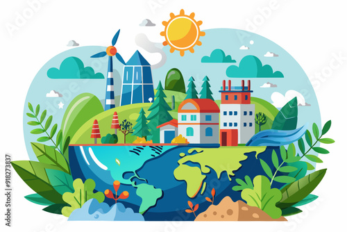 A Cartoon Earth with Green Landscapes, Houses, and a Wind Turbine