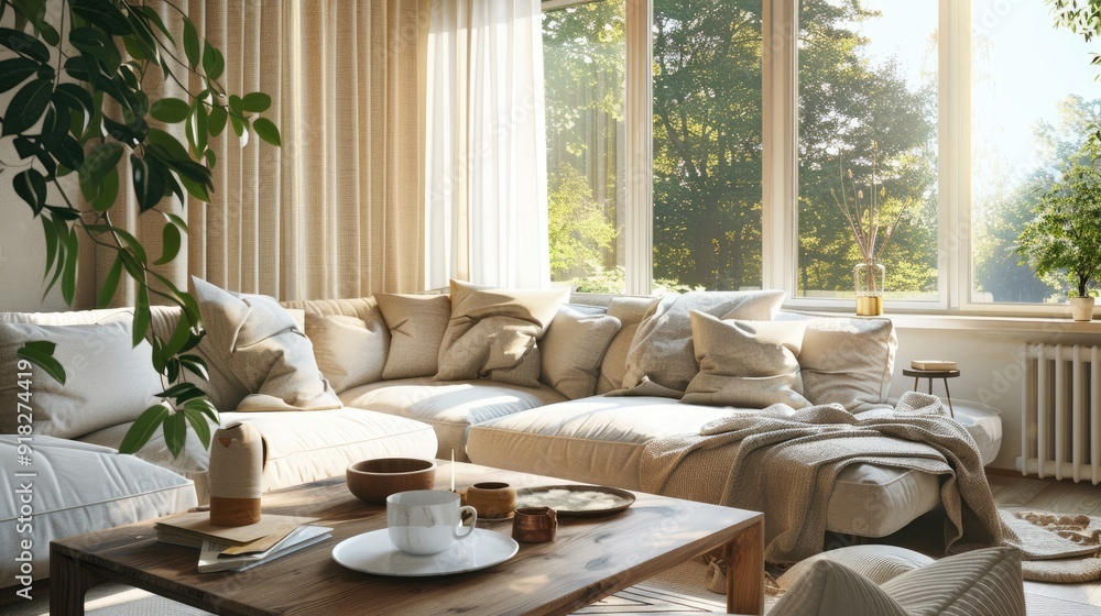 Bright living room with large window, comfy sofa, wooden coffee table, and breakfast plate. Cozy interior design Bright living room with large window, comfy sofa, wooden coffee table, and breakfast plate. Cozy interior design