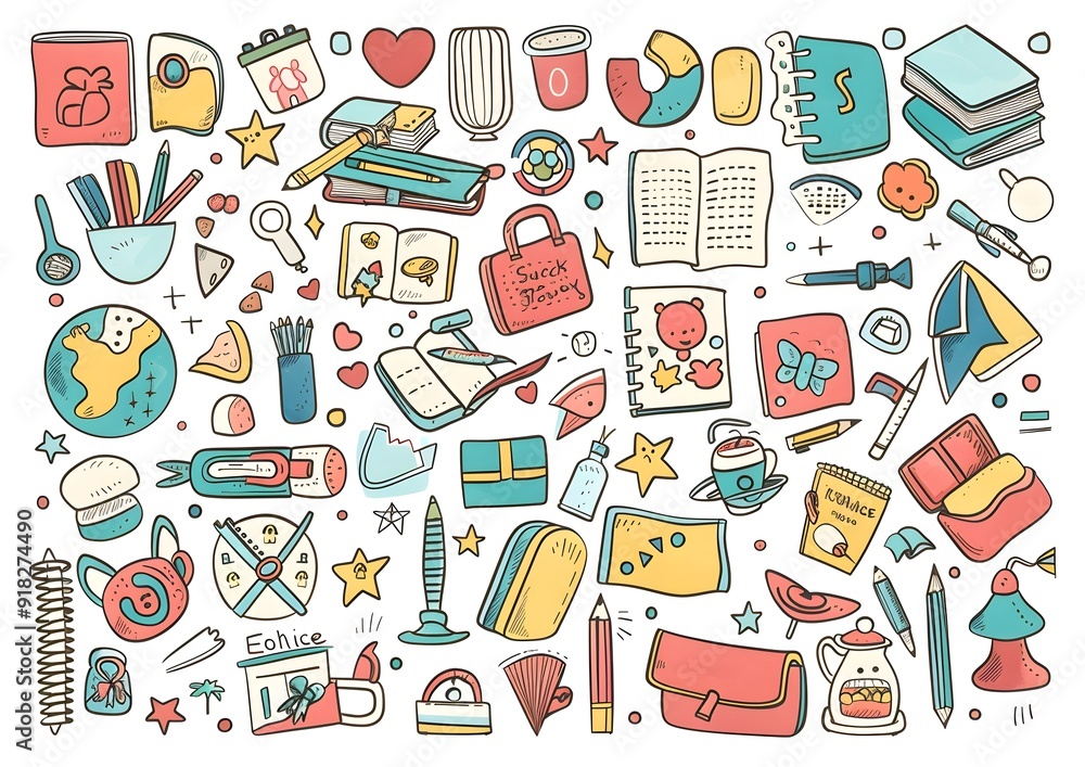 Hand drawn school supplies, doodle style vector illustration with lots of objects and symbols, cute, cartoonish and playful, white background, flat design, colorful, vector art Hand drawn school supplies, doodle style vector illustration with lots of objects and symbols, cute, cartoonish and playful, white background, flat design, colorful, vector art