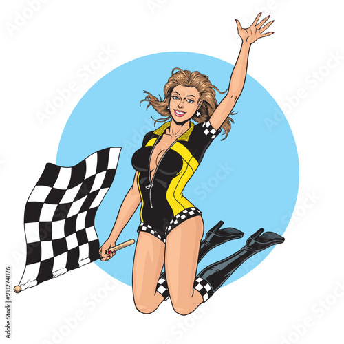 Racing girl with checkered flag jumping isolated on the white background. Young pin up style attractive woman, auto sport championship poster or banner design. Vector illustration.