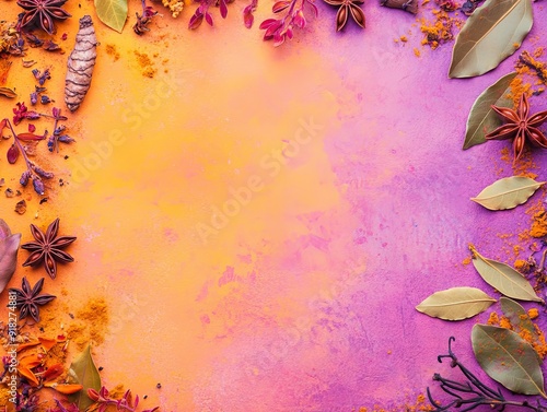 A beautiful bright pink and yellow background with various spices and flowers on the edges.