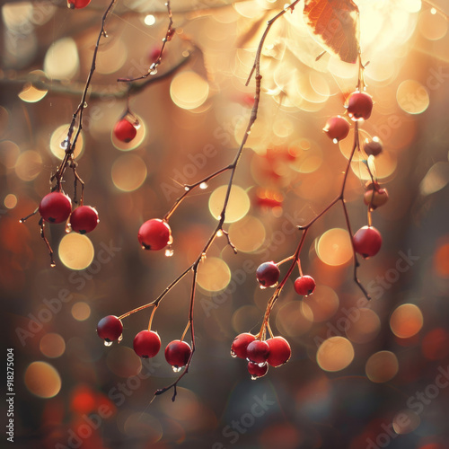 Red Berries on a Branch with a Blurred Golden Background