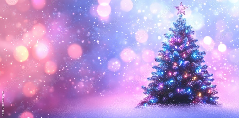 abstract background with christmas tree and snowflakes, glowing lights, bokeh effect, blue purple color palette, white stars on black background