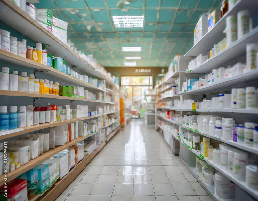 a pharmacy drugstore with a blurred background featuring rows of healthcare products on well-organized shelves. The image should convey a sense of depth and motion, emphasizing the variety of availabl a pharmacy drugstore with a blurred background featuring rows of healthcare products on well-organized shelves. The image should convey a sense of depth and motion, emphasizing the variety of availabl