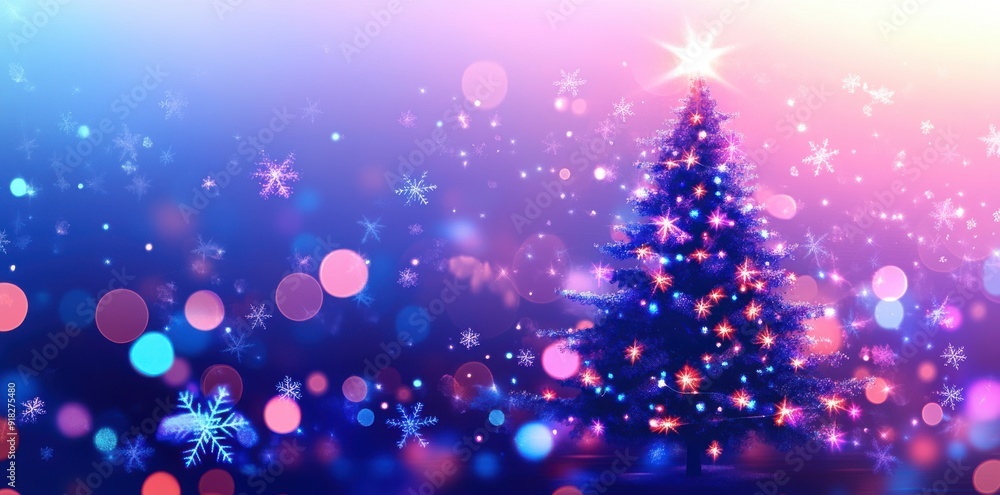 abstract background with christmas tree and snowflakes, glowing lights, bokeh effect, blue purple color palette, white stars on black background abstract background with christmas tree and snowflakes, glowing lights, bokeh effect, blue purple color palette, white stars on black background