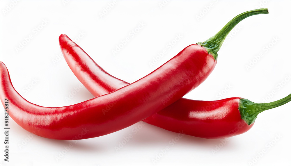 Two solitary red chili peppers set against a white backdrop Two solitary red chili peppers set against a white backdrop