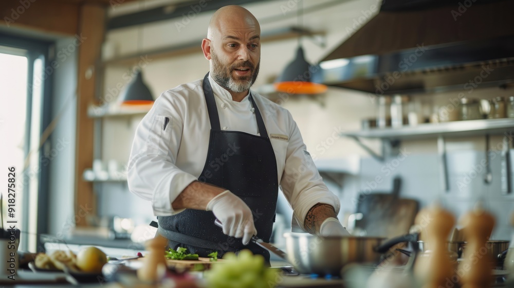 Chef in an apron, demonstrating cooking techniques in a culinary class. Chef in an apron, demonstrating cooking techniques in a culinary class.