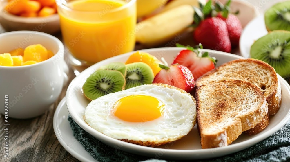 Delicious breakfast featuring eggs, toast, fresh fruits, and orange juice, perfect for a healthy start to the day. Delicious breakfast featuring eggs, toast, fresh fruits, and orange juice, perfect for a healthy start to the day.