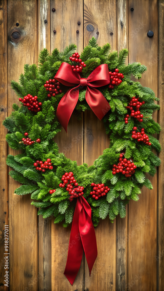 Christmas Wreath with Red Bow and Berries on Wooden Background Christmas Wreath with Red Bow and Berries on Wooden Background