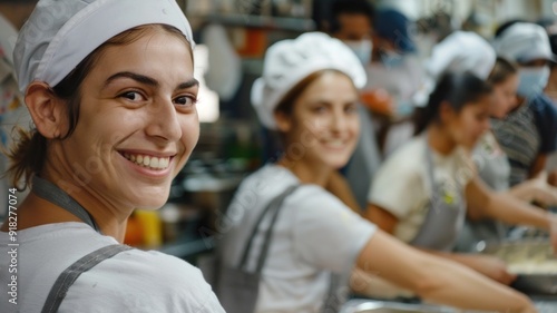 A group of volunteers at a soup kitchen, smiling as they serve meals to those in need