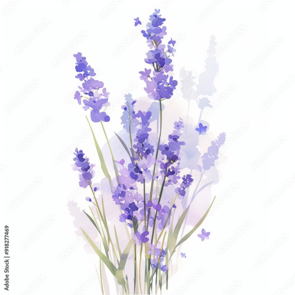 Fototapeta premium A watercolor illustration of lavender flowers in varying shades of purple.