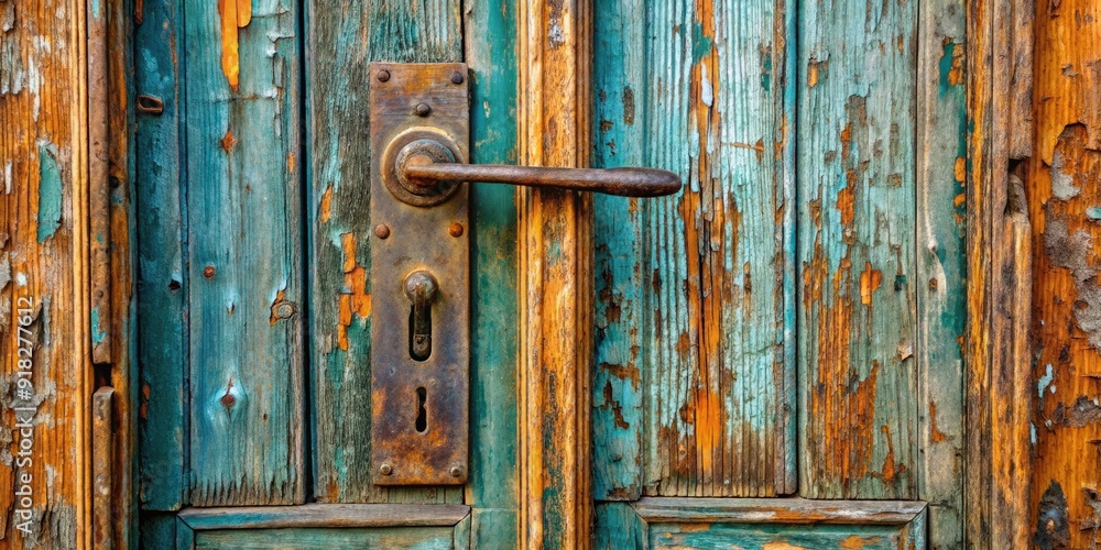 Weathered wooden door with chipped paint and rusty handle, vintage, antique, entrance, rustic, aged, worn, architecture Weathered wooden door with chipped paint and rusty handle, vintage, antique, entrance, rustic, aged, worn, architecture