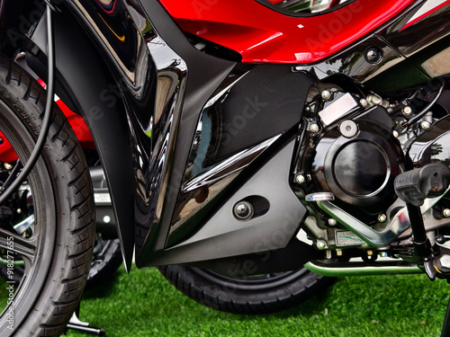 Detailed view of a motorcycle wheels and brakes