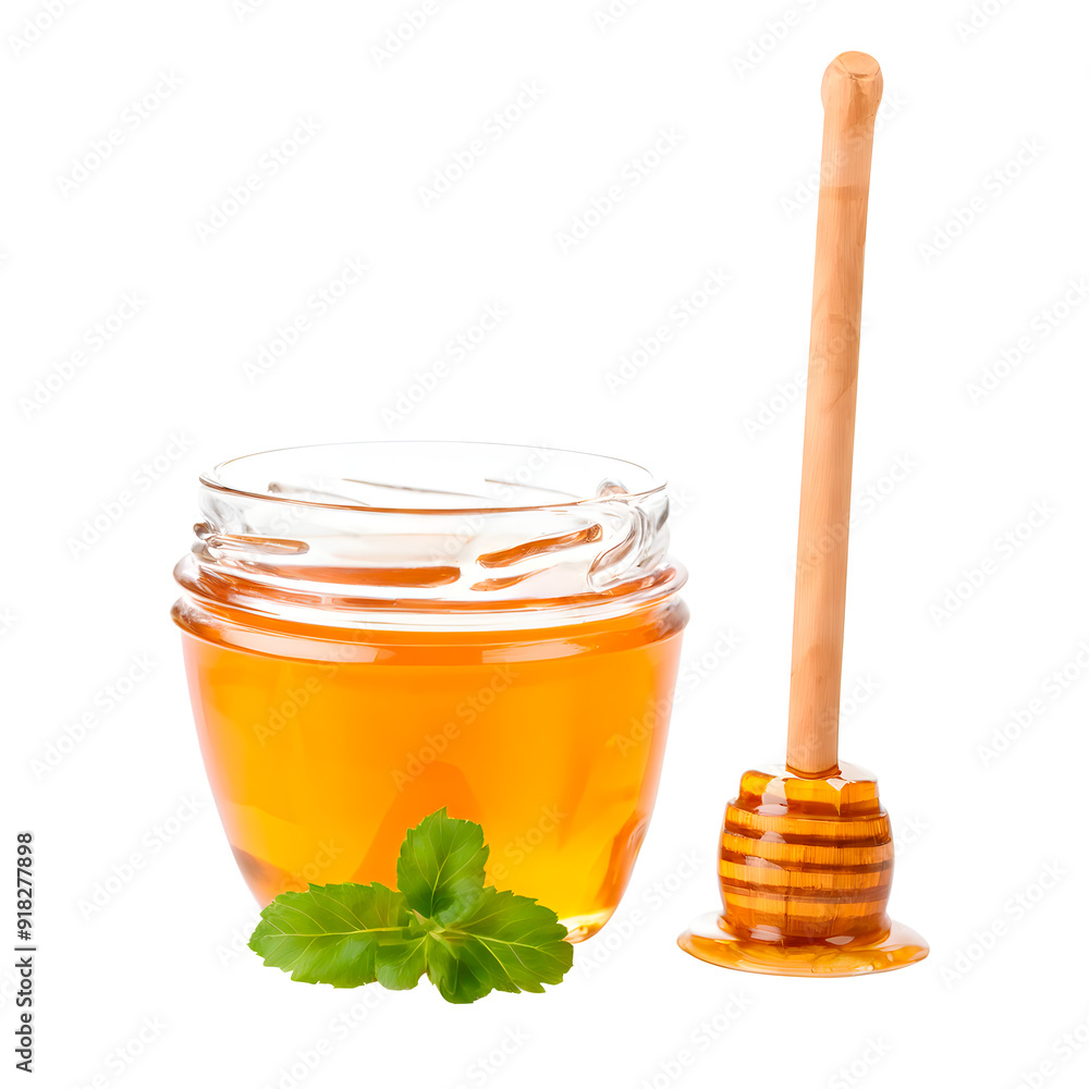 Honeycomb and honey in jar with wooden dipper on transparent background Honeycomb and honey in jar with wooden dipper on transparent background