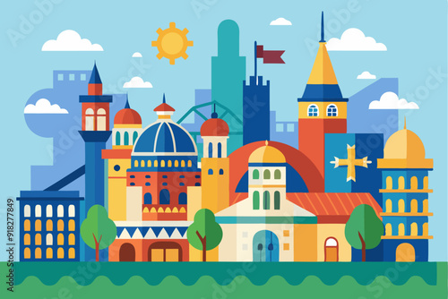 Wallpaper Mural A Colorful Cityscape with Various Buildings and a Sunny Sky Torontodigital.ca