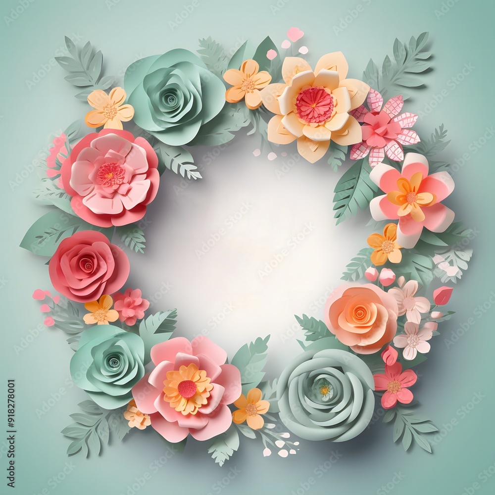 Paper flower wreath in pastel colors with a green background. Blank space for text, and copy-paste. The Template is ready to use. Paper flower wreath in pastel colors with a green background. Blank space for text, and copy-paste. The Template is ready to use.