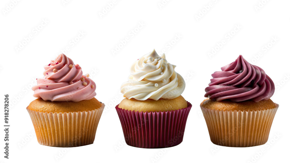 Three cupcakes with multi-colored cream on a transparent background
Three cupcakes with multi-colored cream on a transparent background