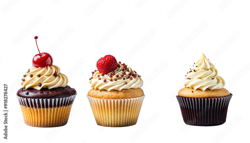 Three cupcakes with multi-colored cream on a transparent background
Three cupcakes with multi-colored cream on a transparent background