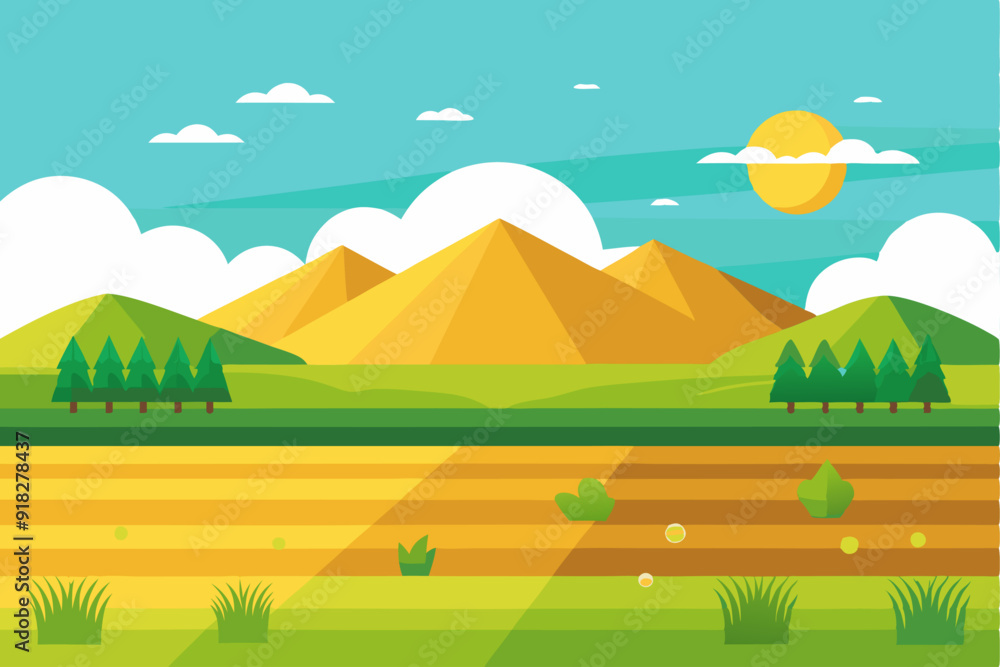 Obraz premium A Flat Design Illustration of a Sunny Day with Mountains, Trees, and a Field