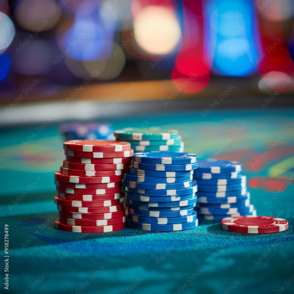 Stacks of Red and Blue Casino Chips on a Green Felt Table Stacks of Red and Blue Casino Chips on a Green Felt Table