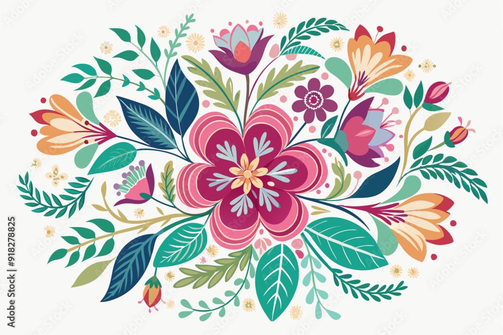 A Circular Arrangement of Colorful Flowers and Green Foliage A Circular Arrangement of Colorful Flowers and Green Foliage