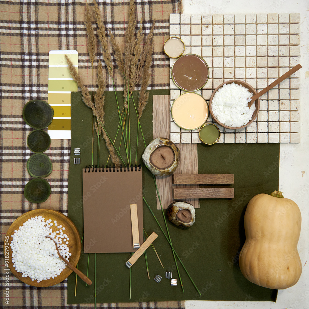 Autumn collage with candles , color palette and mood board for interior ...