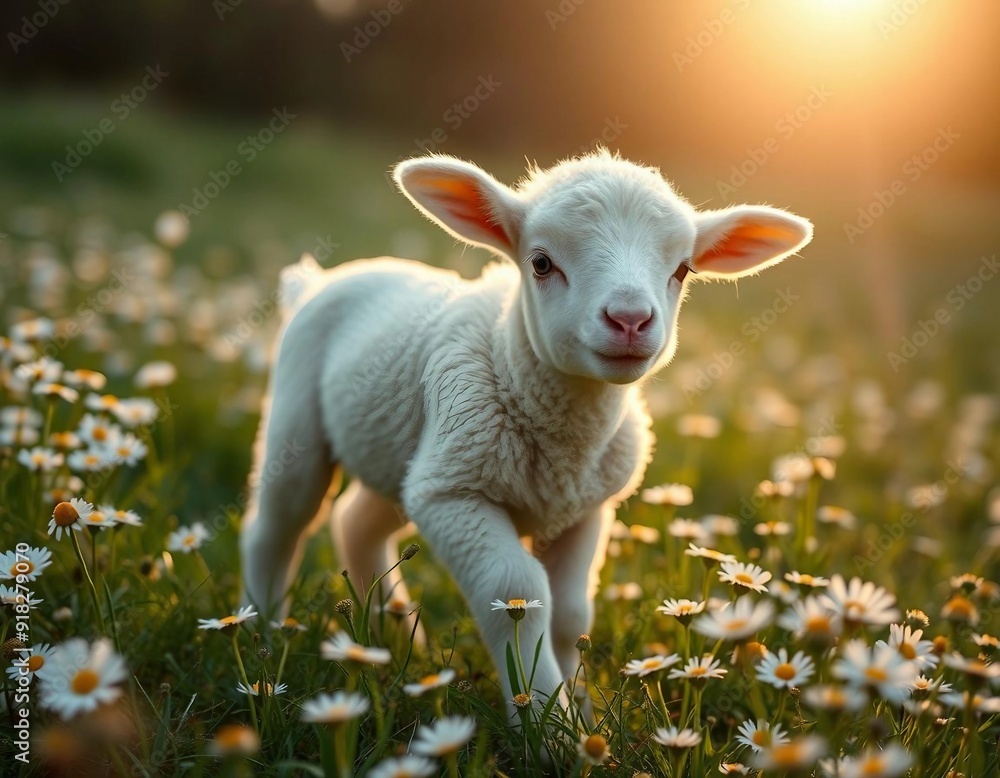 Obraz premium Portrait of a little lamb in a meadow on a sunny day.