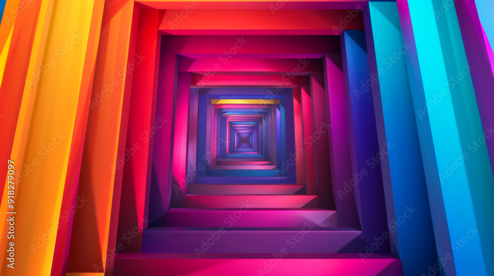 Fototapeta premium A striking geometric passage with technical symmetrical lines. Abstract background with multi-colored shapes.