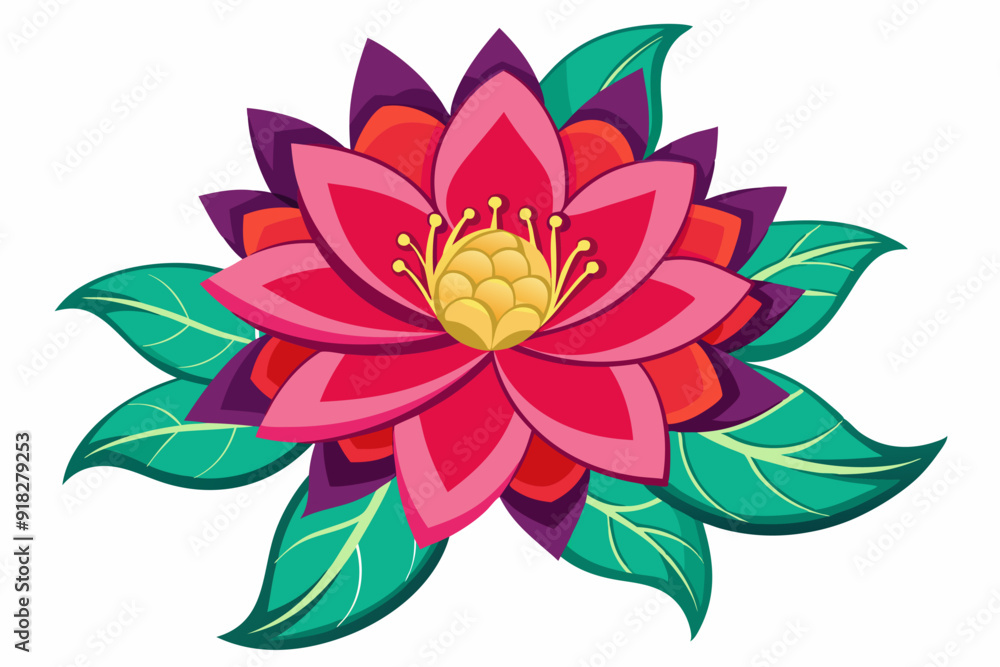 Fototapeta premium Vibrant Pink Flower with Green Leaves and Yellow Center