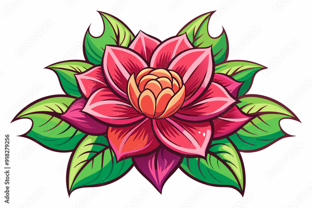 A Colorful Illustration of a Pink Flower with Green Leaves A Colorful Illustration of a Pink Flower with Green Leaves