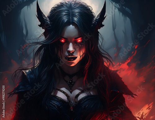  Dark Fantasy Illustration of a Devilish Woman- A horror-themed illustration of a devilish w_1(85)