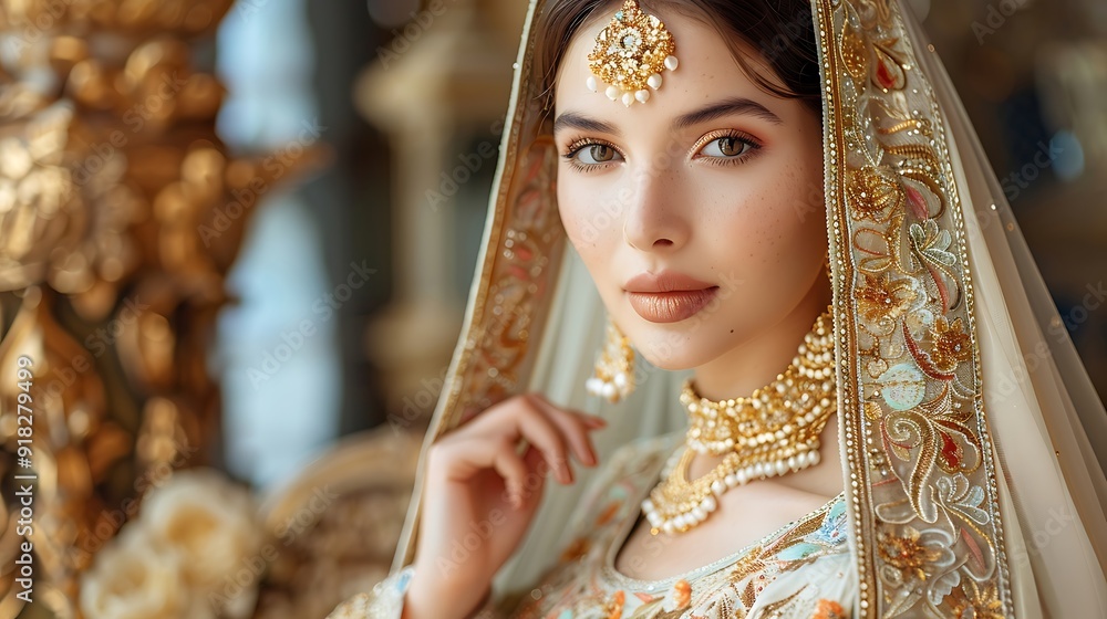 Obraz premium Indian Bride Portrait with Golden Jewelry and Sparkling Eyes