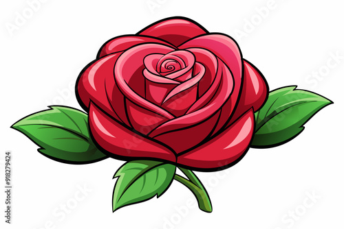 Single Red Rose with Green Leaves