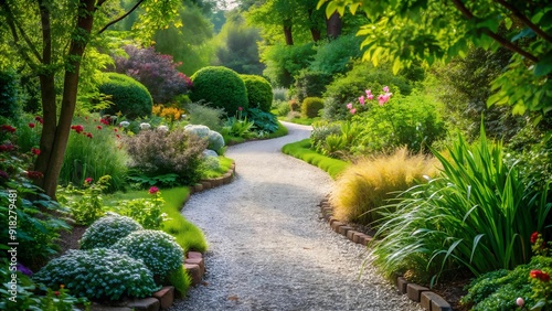 Pea Gravel Path Meandering Through a Vibrant Garden  AI generated photo