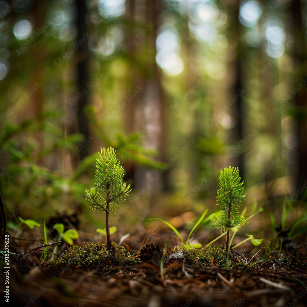 Two Tiny Pine Saplings Growing in a Forest Two Tiny Pine Saplings Growing in a Forest