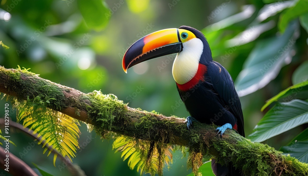 Fototapeta premium A toucan, vividly colored, perches on a palm tree branch against a lush tropical backdrop filled with foliage and tall palms