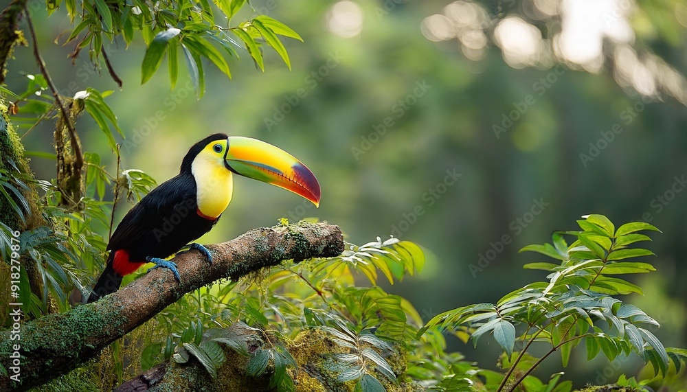 A toucan, vividly colored, perches on a tree branch in a tropical forest Sunlight filters through the leaves above, casting an warm, golden glow