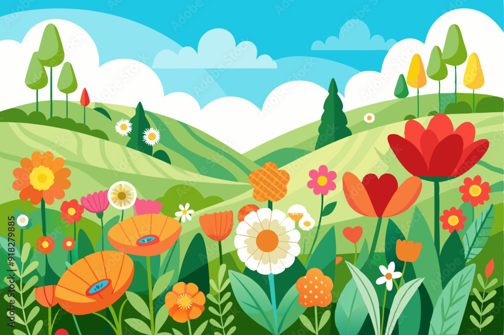 Fototapeta premium Vibrant Springtime Meadow with Flowers and Trees