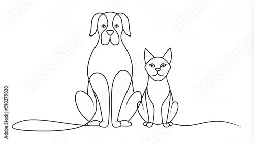 Continuous Line Drawing of a Cat and Dog Together