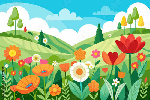 Vibrant Springtime Meadow with Flowers and Trees