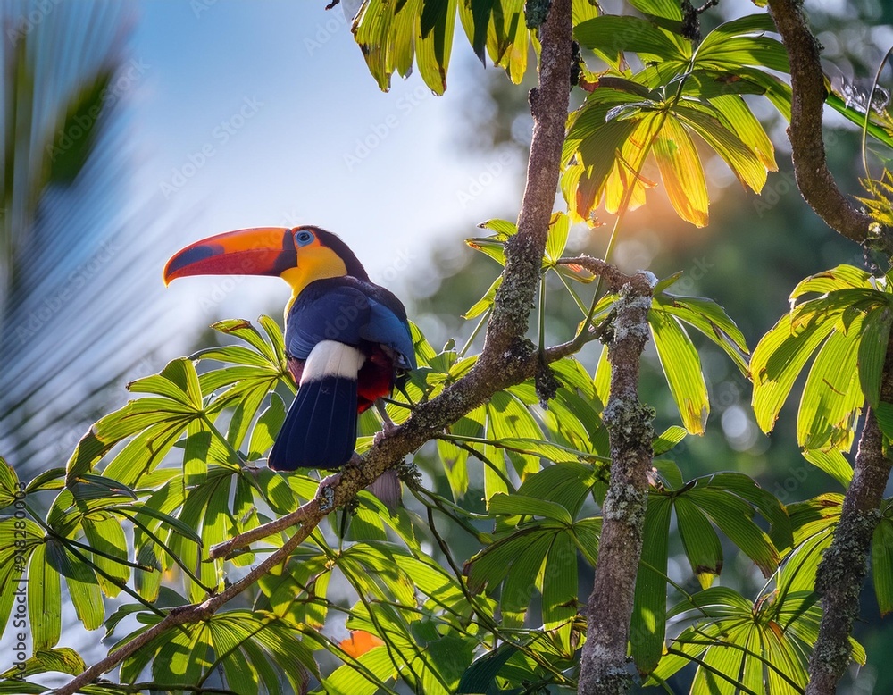 A towering tree, its branches adorned with vibrant green foliage Amidst them, a brilliantly hued toucan perches, sunbeams dancing through fe