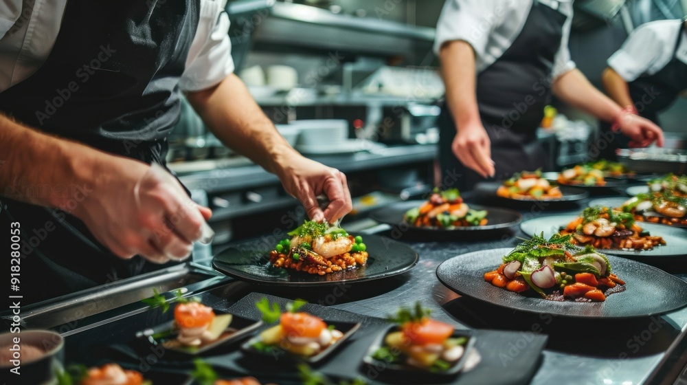 Gourmet food staff in aprons, preparing and presenting dishes for a special event. Gourmet food staff in aprons, preparing and presenting dishes for a special event.