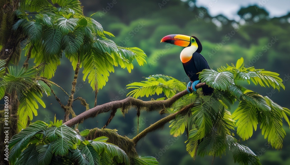Obraz premium A towering tropic tree hosts a vibrant toucan, perched and preening, as sunlight filters through foliage behind