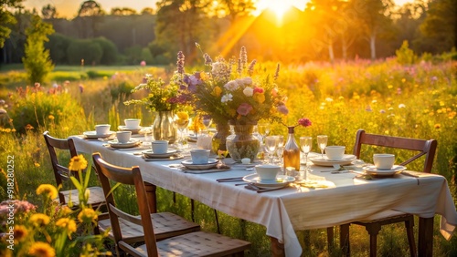 Golden Hour Feast: A Serene Morning Banquet in a Sun-Drenched Meadow  Generative AI